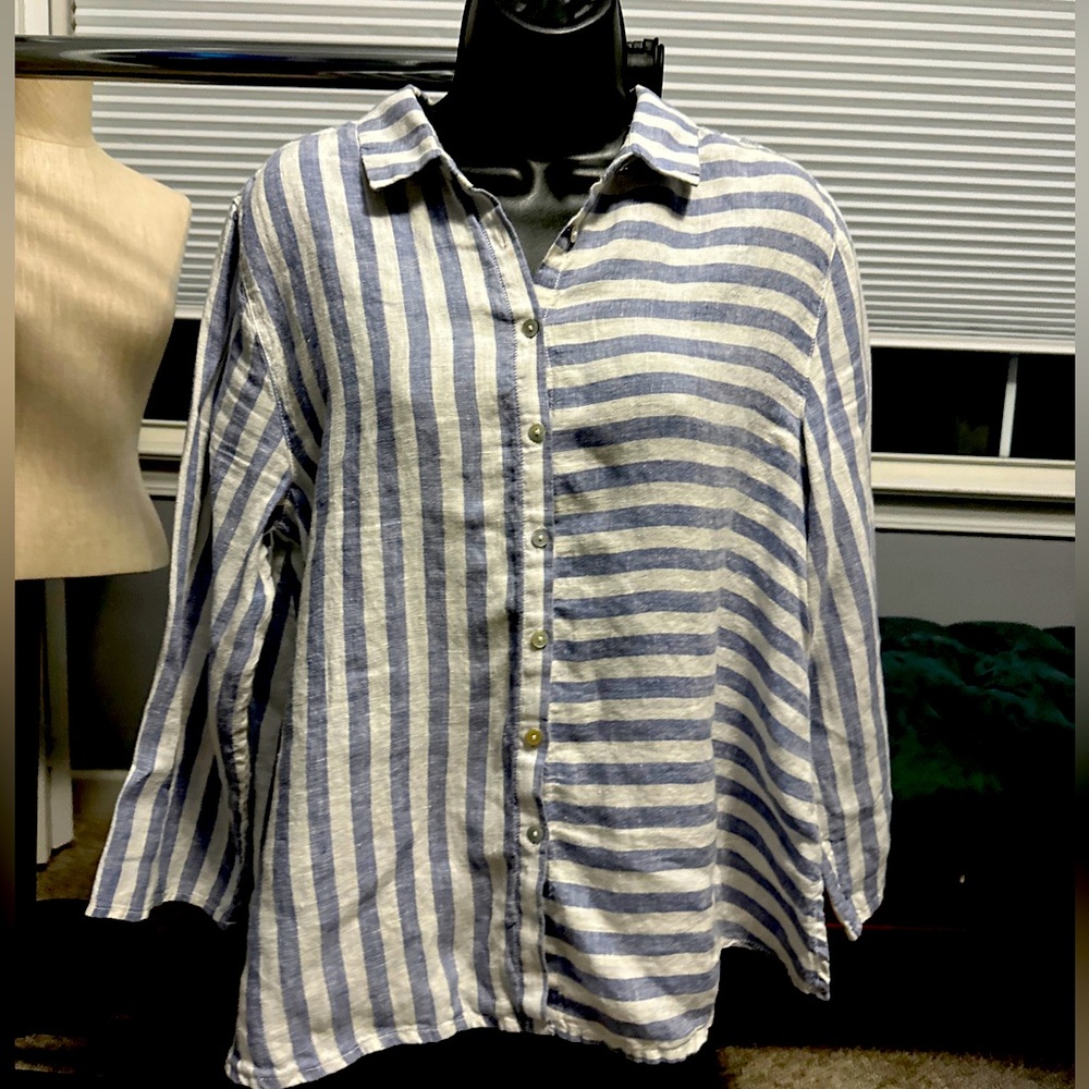 JNY Jones New York Women's Button Front Shirt 100% Linen Top Striped Size Medium